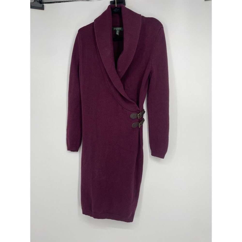 Lauren Ralph Lauren Burgundy Shawl Collar Sweater Wrap Dress Leather Buckle Knit - Picture 2 of 12